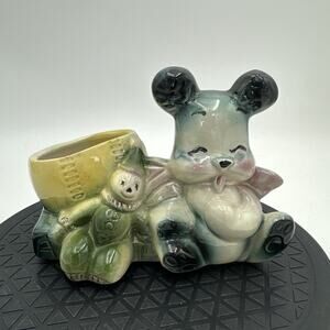 Vintage MCM American Bisque Blue Puppy & Clown With Baseball As A Planter
